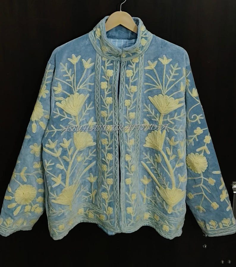 Handmade Velvet Suzani Jacket | Blue Floral Embroidered Boho Coat image 6