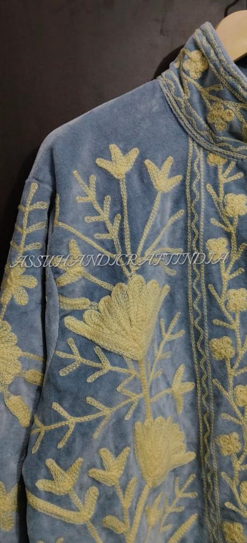 Handmade Velvet Suzani Jacket | Blue Floral Embroidered Boho Coat image 8
