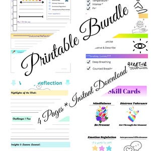 May include: A printable DBT (Dialectical Behaviour Therapy) bundle with daily trackers and skill cards. The pages include sections for tracking emotions, reflections, and coping skills. The design features colourful accents and handwritten-style fonts.