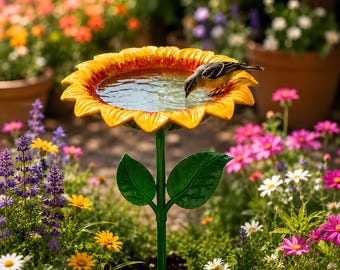 Sunflower Bird Bath Stake: Garden Outdoor Yard Decor, Floral Basin Ornament