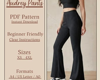High Waisted Bell Bottoms Pants Sewing Pattern PDF | Flare Knit Trousers Pattern for Women | XS-XXXL