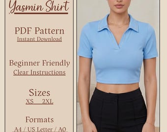 Polo Crop Top PDF Sewing Pattern, V Neck Collared Shirt Pattern for Women, Sizes XS-XL