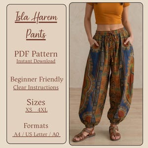 May include: Image of Isla Harem Pants PDF pattern. The harem pants have a drawstring waist and are patterned with blue, brown, and orange geometric designs. The text on the left side of the image says "Isla Harem Pants" and "PDF Pattern Instant Download".