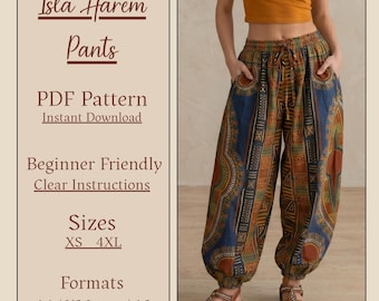 Harem Pants Sewing Pattern | Balloon Trouser Design, Elastic Waist, Pockets (PDF Download)