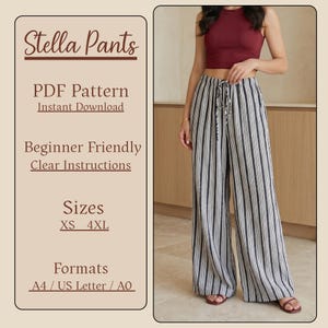 May include: A woman models wide-leg trousers with vertical stripes and a drawstring. The trousers are paired with a maroon crop top. Text on the left side reads "Stella Pants," "PDF Pattern," "Beginner Friendly," and "Sizes XS-4XL."