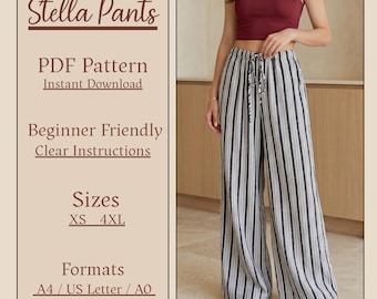 Easy Linen Wide Leg Pants PDF Sewing Pattern | Drawstring Pants | Casual Elastic Waist Summer Trousers | Sizes XS-XXXL.