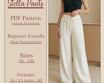 Wide Leg Pants PDF Sewing Pattern | Drawstring Pants | Casual Elastic Waist Summer Trousers | Sizes XS-XXXL.