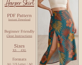High Waisted Skirt PDF Sewing Pattern | Front Slit Midi Skirt | Women's Sizes XS-3XL