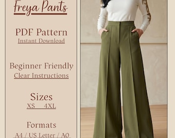 High Waisted Wide Leg Trousers PDF Sewing Pattern, Tailored Palazzo Pants, Sizes XS-3XL.