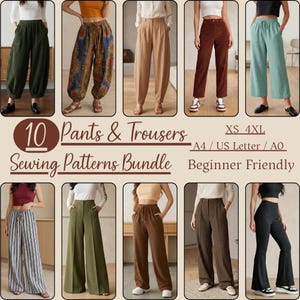 May include: A digital bundle of 10 sewing patterns for pants and trousers, featuring various styles including wide-leg, tapered, and flared cuts in solid colors and patterns. The text reads 10 Pants & Trousers Sewing Patterns Bundle XS 4XL A4 / US Letter / A0 Beginner Friendly.