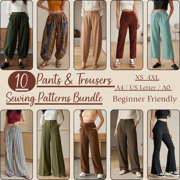 Pants Sewing Pattern Bundle | Wide Leg, Flare, High Waisted, Harem & Straight Leg Trousers | Beginner Friendly