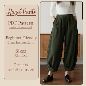 May include: Green corduroy pants with pockets, part of a PDF sewing pattern. The text on the image reads "Hazel Pants", "PDF Pattern", "Instant Download", "Beginner Friendly", "Sizes XS-4XL", and "Formats A4/US Letter/A0".