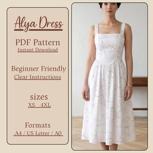 May include: A white dress with a geometric red pattern is modeled. The dress has a square neckline and wide straps. Text on the left side reads "Alya Dress", "PDF Pattern", "Beginner Friendly", and "sizes XS-4XL". Formats include A4/US Letter/AO.