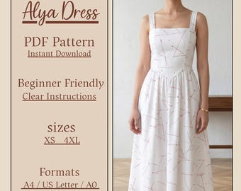 V-Waist Dress PDF Pattern, Basque Waist Midi Dress, Square Neck and Boat Back, Beginner-friendly.