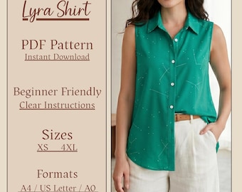 Sleeveless Shirt Sewing Pattern PDF, Women's Button Up Top, Minimalist Collared Blouse, Sizes XS-3XL