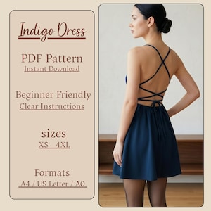 Pode incluir: Um vestido azul marinho com design de costas cruzadas. A imagem inclui o texto "Indigo Dress", "PDF Pattern", "Instant Download", "Beginner Friendly", "Clear Instructions" e tamanhos de XS a 4XL. Formatos A4/US Letter/AO.