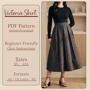 Puede incluir: Una mujer con una blusa negra de manga larga y una falda a cuadros gris. La imagen incluye texto: "Victoria Skirt", "PDF Pattern", "Beginner Friendly" y "Tallas XS - 4XL".