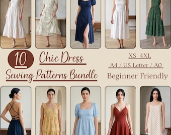 10 Dress Sewing Pattern Bundle PDF | Summer Dress Patterns for Women | Slip, Wrap, Midi & Mini Dresses | XS-3XL | A0 A4 US Letter