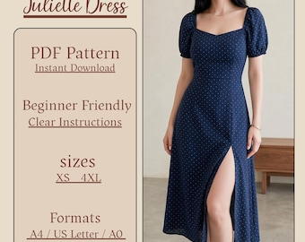 Square Neck Slit Dress PDF Sewing Pattern | Puff Sleeves, A-line skirt Midi Dress | Sizes XS-XXXL