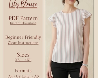 Lily Blouse Sewing Pattern, Flutter Sleeve Top, Summer Shirt, Beginner Friendly (Digital Download)