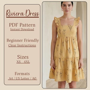 May include: A woman models a yellow dress with black floral designs. The dress has a square neckline, ruffled straps, and a tiered skirt. Text on the left side reads "Riviera Dress," "PDF Pattern," "Beginner Friendly," and "Sizes XS-4XL."