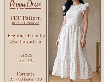 Poppy Dress PDF Sewing Pattern | Tiered Midi Ruffle Sleeve Summer Dress (Digital Download)