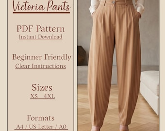 Victoria Pants Sewing Pattern, High Waisted Pleated Trousers PDF (XS-3XL)