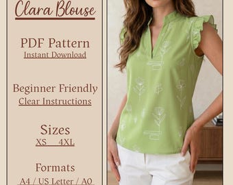 Flutter Sleeve Blouse PDF Sewing Pattern, Split Neck Sleeveless Top, Beginner Friendly  (Digital Download)