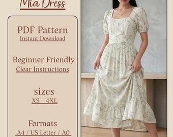 Dress PDF Sewing Pattern | Square Neck Puff Sleeve Midi Dress | Cottagecore Dress Pattern | Sizes XS-3XL | A4 A0 US Letter