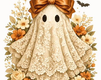Cute Lace Ghost PNG, Coquette Halloween Ghost with Orange Bow, Floral Fall Sublimation Design, Spooky Season Shirt Clipart, Digital Download
