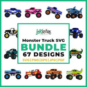 May include: A digital graphic collection featuring various monster truck illustrations, including shark, tiger, and skull-themed designs. The central text reads InkSpark Designs Monster Truck SVG BUNDLE 67 DESIGNS SVG | PNG | EPS | JPG | PDF.