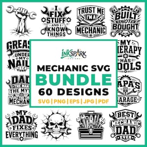 Paquete de archivos SVG para mecánicos, 60 frases divertidas para camisetas, logotipo de calavera, herramientas de garaje SVG, llave inglesa, pistón, papá, Día del Padre, Cricut, Silhouette, PNG, EPS, JPG