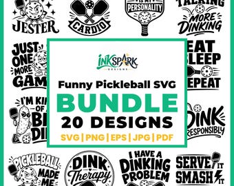 Bundel met 20 grappige pickleball SVG- en PNG-afbeeldingen, Dink quote designs, pickleball shirt SVG's, Cricut snijbestanden, Silhouette Cameo, commercieel gebruik