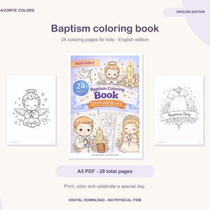 Puede incluir: Un libro de colorear digital sobre el bautismo con 24 páginas para niños. La portada muestra ilustraciones de un niño ángel, una vela y niños con ropa de bautizo. El texto dice Baptism coloring book, 24 pages y Printable Book.