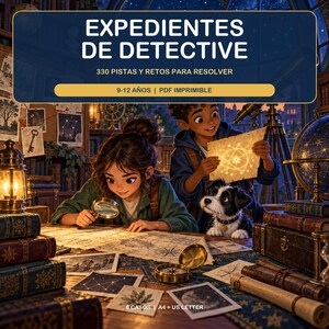 Könnte beinhalten: Ein druckbares PDF-Detektivspiel mit dem Titel EXPEDIENTES DE DETECTIVE 330 PISTAS Y RETOS PARA RESOLVER 9-12 AÑOS. Das Bild zeigt zwei Kinder mit einem Hund, die Karten, eine Lupe und Sternenkarten in einer Bibliothek mit Büchern untersuchen.