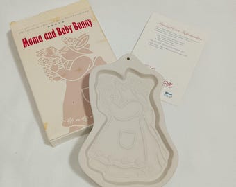 Vintage Longaberger 1994 Mama and Baby Bunny Pottery Cookie Mold with Box