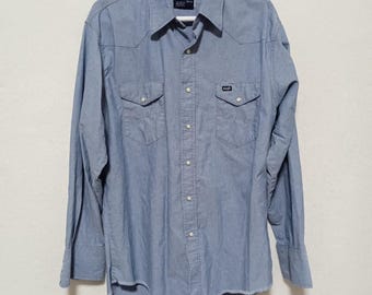 Vintage Wrangler Pearl Snap Denim Cotton Shirt 16-1/2 x 34 Western Cowboy Rodeo