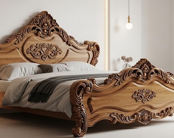 Estructura de cama de madera maciza tallada a mano – Muebles de dormitorio de estilo vintage ornamentados para cama king/queen