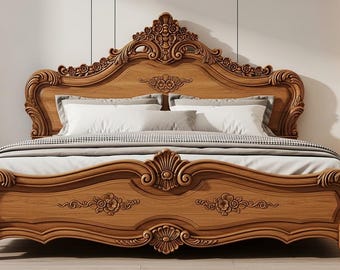Handgesneden massief houten kingsize bed – Sierlijk slaapkamermeubilair in vintagestijl