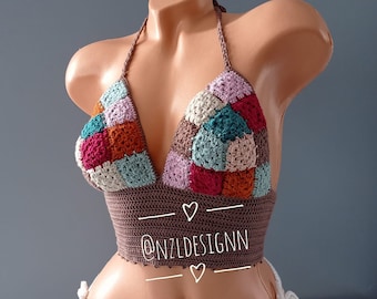 Patchwork Crop Top, Festival Crop Top, Festival Bralette, Summer Color Top, Granny Square Top, Festival Clothing, Crochet Bustier,  2022