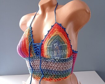 Top de crochê, top crop de festival, bralette de festival, top colorido de verão, sutiã de crochê, roupas de festival, biquíni de crochê, top feminino, 2022