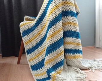 Sale, throw blanket, crochet blanket, blue-yellow and ecru blanket, handmade bedspread, crochet afghan throw, Crochet blanket, Home Decor