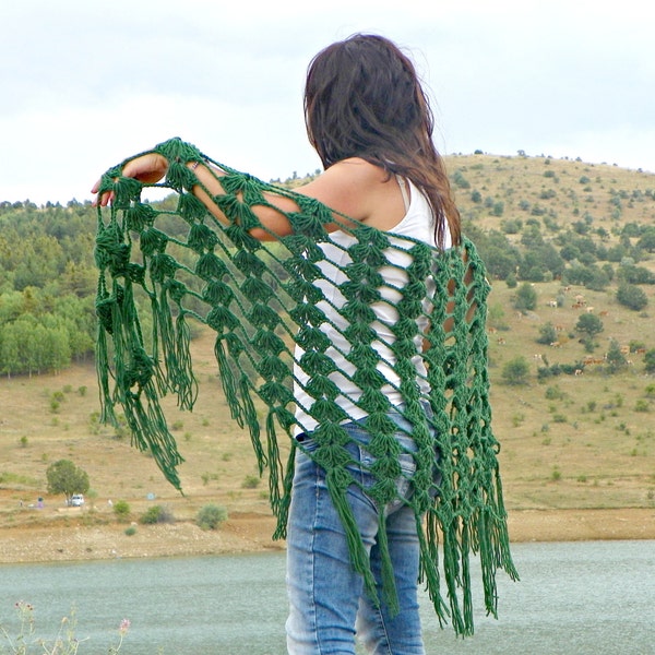 Mother's Day Sale Crochet scarf, shawl scarf, winter accessories, forest green, women scarves, fringe shawl, gift for her, cowl scarf
