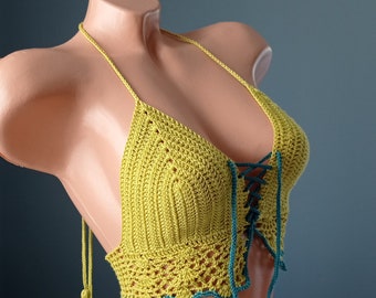 Crochet Top, Festival Crop Top, Yellow Bralette, Summer Color Top, Crochet Halter Top, Festival Clothing, Crochet Bustier, Woman Top