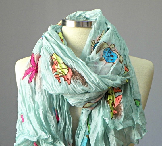 Women fashion scarf, spring scarf, summer scarf, starfish, fish,  turtles, animal print scarf, mint cute scarf, gift for her