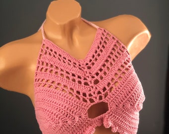 Crochet Top, Festival Crop Top, Festival Bralette, Pink Crochet Top, Crochet Halter Top, Festival Clothing, Crochet Bikini, Woman Top