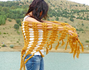 Mothers Day Sale, Crochet scarf, shawl scarf, winter Neck Warmer, dirty yellow women scarves, pareo, fringe shawl, Valentine's day gift