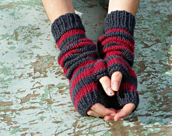 WINTER SALE, Knitting fingerless gloves cherry dark gray stripet, women accessories winter fall fashion, long gloves, Crochet gloves