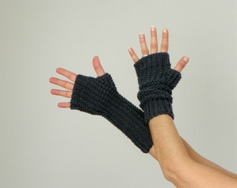 WINTER SALE, Knitting fingerless gloves dark gray, women winter fall accessories, long gloves, Crochet women gloves , Valentine's day gift
