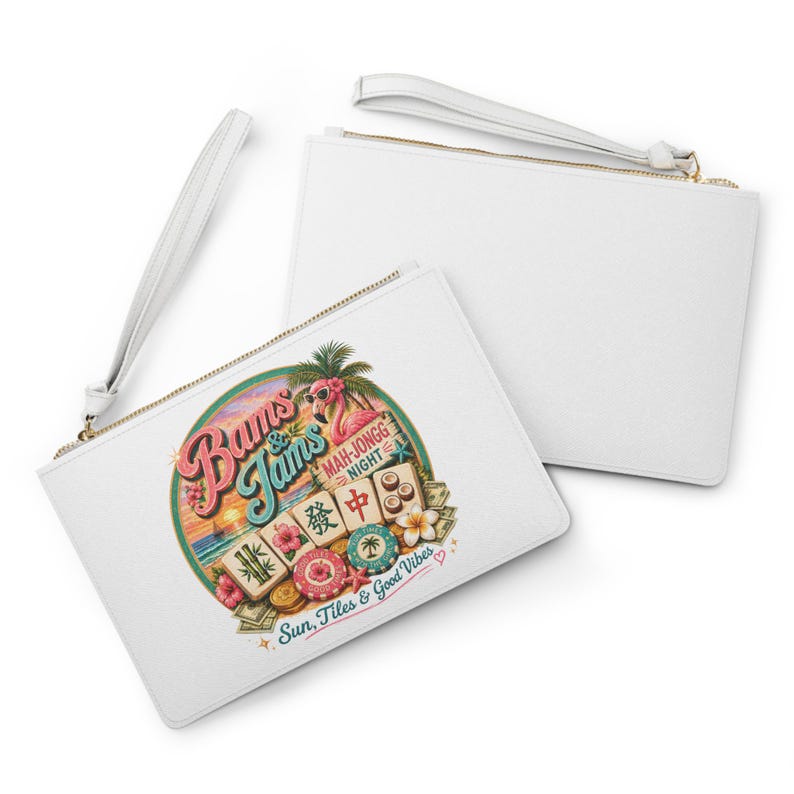 Tropical Mahjong Sunset Clutch Bag | Vintage Mahjong Tiles Beach Theme image 3